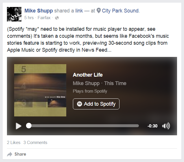 Spotify, Apple Music Previews in Facebook News Feed