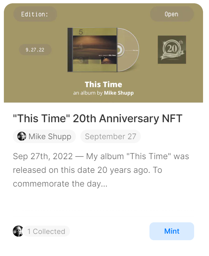 "This Time" 20th Anniversary NFT — Mike Shupp — Mirror.xyz