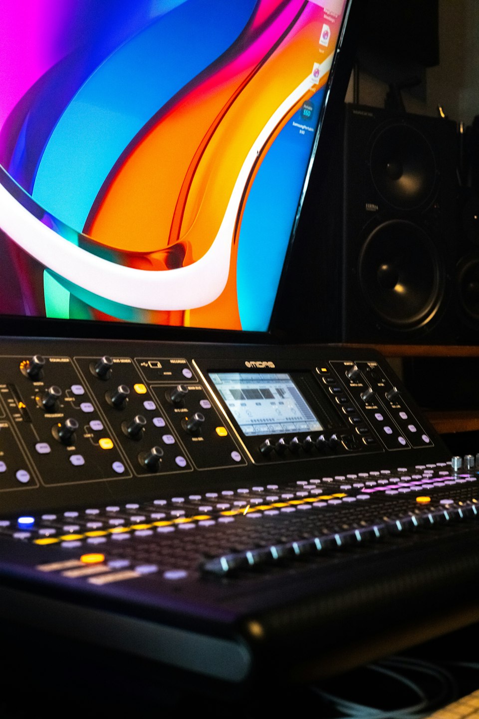 A sound mixing console with a monitor in the background